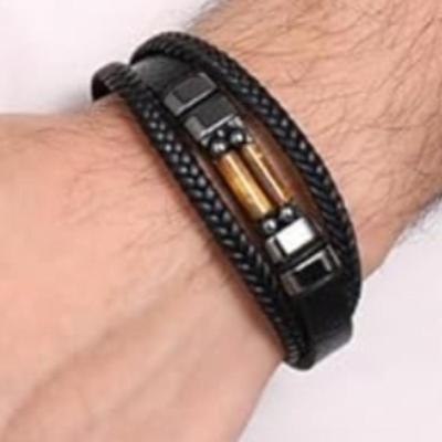 Men's Tiger Eye and leather bracelet
