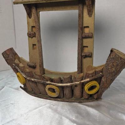 Handmade Rustic Wooden Boat Décor with Cabin – Vintage Folk Art Woodcraft