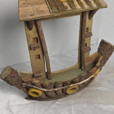 Handmade Rustic Wooden Boat Décor with Cabin – Vintage Folk Art Woodcraft