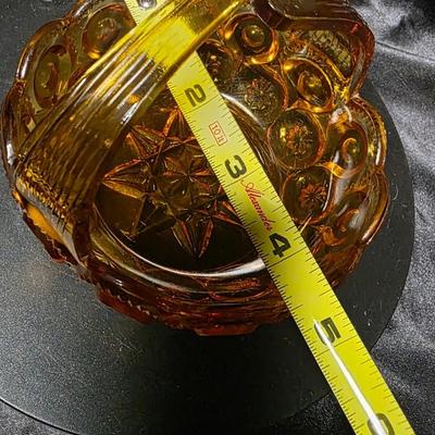 Vintage L.E. Smith Moon & Stars Amber Glass Split-Handle Basket – Mid-Century Pressed Glass Candy Dish