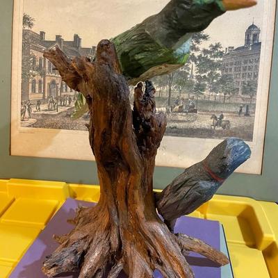 Vintage Driftwood Birds Artwork on a Bark/Branch 15.50” Tall in Good Preowned Condition, Very Nicely Done.