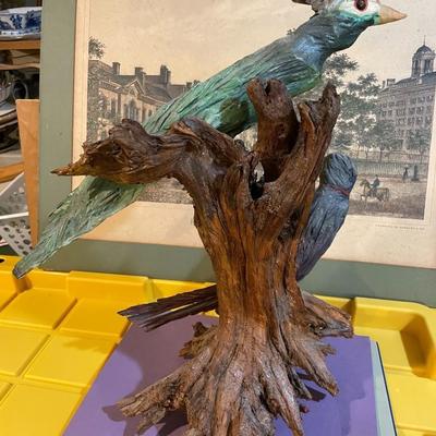 Vintage Driftwood Birds Artwork on a Bark/Branch 15.50” Tall in Good Preowned Condition, Very Nicely Done.