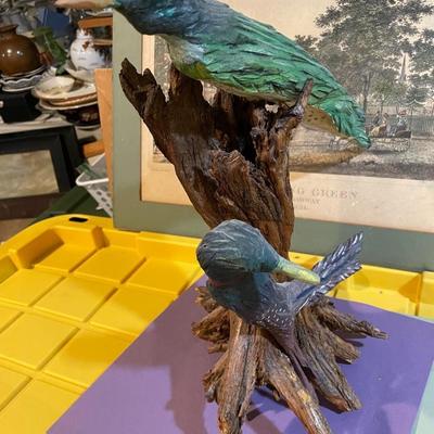 Vintage Driftwood Birds Artwork on a Bark/Branch 15.50” Tall in Good Preowned Condition, Very Nicely Done.