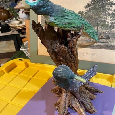 Vintage Driftwood Birds Artwork on a Bark/Branch 15.50” Tall in Good Preowned Condition, Very Nicely Done.