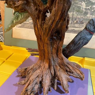Vintage Driftwood Birds Artwork on a Bark/Branch 15.50” Tall in Good Preowned Condition, Very Nicely Done.