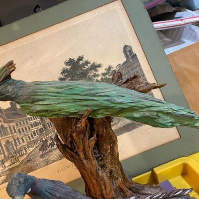 Vintage Driftwood Birds Artwork on a Bark/Branch 15.50” Tall in Good Preowned Condition, Very Nicely Done.