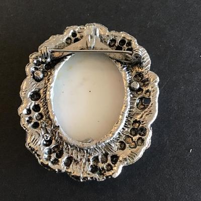 Vintage AWMC Silver Tone ceramic cameo with transfer flower pattern