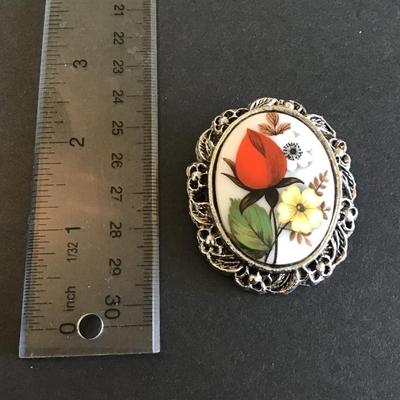 Vintage AWMC Silver Tone ceramic cameo with transfer flower pattern