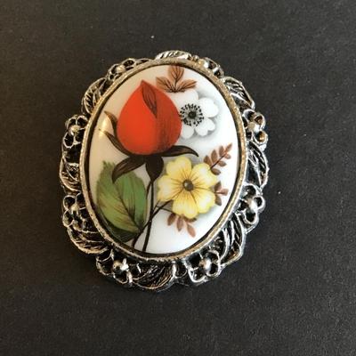 Vintage AWMC Silver Tone ceramic cameo with transfer flower pattern
