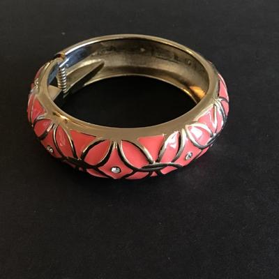 Sale Photo Thumbnail #219: Very nice pink Enamel with clear rhinestone hinged bracelet Please see attached photos