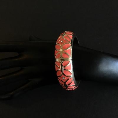 Sale Photo Thumbnail #220: Very nice pink Enamel with clear rhinestone hinged bracelet Please see attached photos