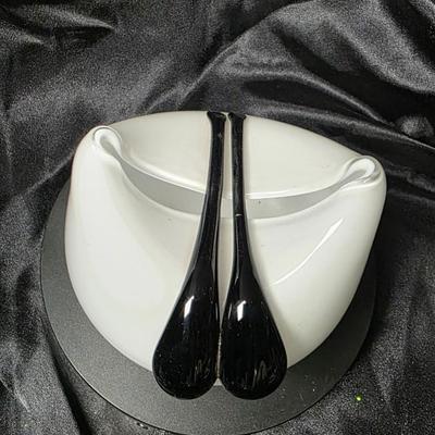 Vintage Polish Art Glass Sculptural Bowl – White with Black Teardrop Accents