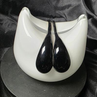 Vintage Polish Art Glass Sculptural Bowl – White with Black Teardrop Accents