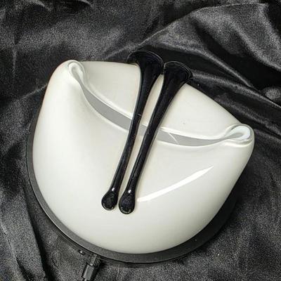 Vintage Polish Art Glass Sculptural Bowl – White with Black Teardrop Accents