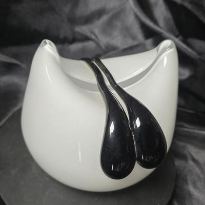 Vintage Polish Art Glass Sculptural Bowl – White with Black Teardrop Accents