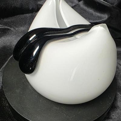 Vintage Polish Art Glass Sculptural Bowl – White with Black Teardrop Accents