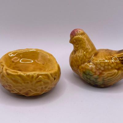 Hen, rooster and nest S&P shakers with cream and gold hen