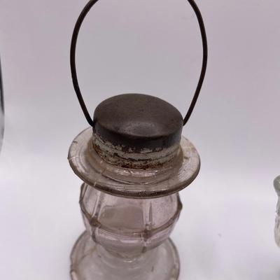 Clear glass lantern and Scottie dog pourer