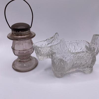 Clear glass lantern and Scottie dog pourer