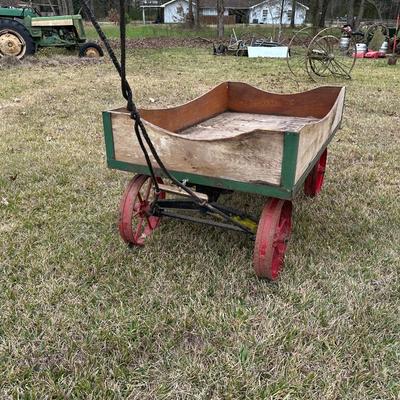 Antique Wooden Farm Wagon w/ Cast Iron Wheels – Primitive Garden Cart