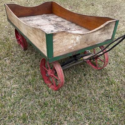 Antique Wooden Farm Wagon w/ Cast Iron Wheels – Primitive Garden Cart