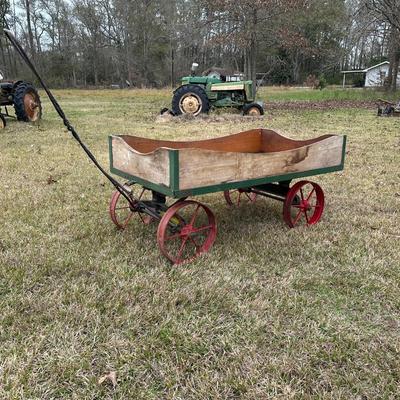 Antique Wooden Farm Wagon w/ Cast Iron Wheels – Primitive Garden Cart