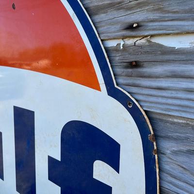 Large Vintage Gulf Oil Porcelain Gas Station Sign