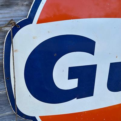 Large Vintage Gulf Oil Porcelain Gas Station Sign