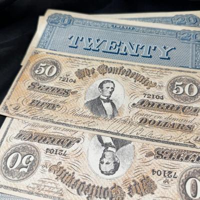 Confederate bill reprints and foriegn currency coins and bills