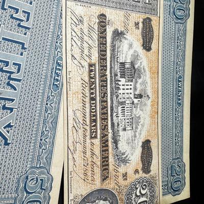 Confederate bill reprints and foriegn currency coins and bills