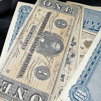 Confederate bill reprints and foriegn currency coins and bills