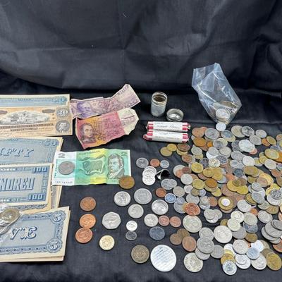 Confederate bill reprints and foriegn currency coins and bills