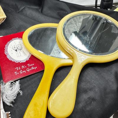 Antique collectibles Victorian Vanity set, Suede Ink Blotter