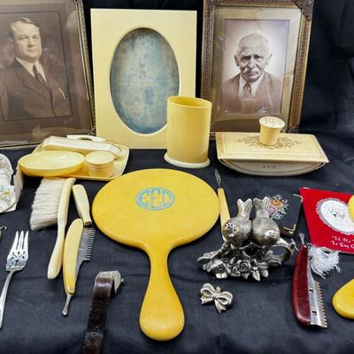 Antique collectibles Victorian Vanity set, Suede Ink Blotter