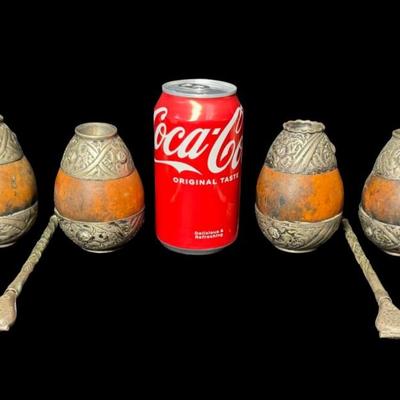 Sale Photo Thumbnail #425: Set of four. The trim on the gourds and the straws is Alpaca. Measurement: 3.5”H (gourds, each). Pre-auction estimate: $75-$100. [BK]