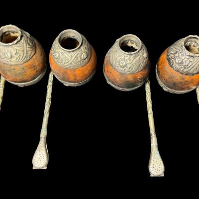 Sale Photo Thumbnail #424: Set of four. The trim on the gourds and the straws is Alpaca. Measurement: 3.5”H (gourds, each). Pre-auction estimate: $75-$100. [BK]