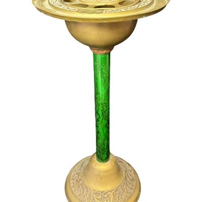Sale Photo Thumbnail #445: Brass construction. There is green veneer on the post. There is a two-piece removable insert. This has an open work Asian motif, including a dragon chasing a pearl. Age related wear. Measurement: 21.5”H x 10.5”W. [BK]