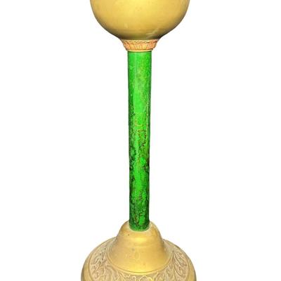 Sale Photo Thumbnail #444: Brass construction. There is green veneer on the post. There is a two-piece removable insert. This has an open work Asian motif, including a dragon chasing a pearl. Age related wear. Measurement: 21.5”H x 10.5”W. [BK]