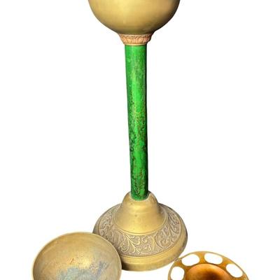 Sale Photo Thumbnail #448: Brass construction. There is green veneer on the post. There is a two-piece removable insert. This has an open work Asian motif, including a dragon chasing a pearl. Age related wear. Measurement: 21.5”H x 10.5”W. [BK]
