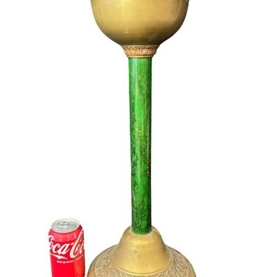 Sale Photo Thumbnail #447: Brass construction. There is green veneer on the post. There is a two-piece removable insert. This has an open work Asian motif, including a dragon chasing a pearl. Age related wear. Measurement: 21.5”H x 10.5”W. [BK]