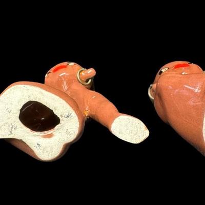 Sale Photo Thumbnail #451: One pair. Gilner was in business from 1948 to 1957. These are hand painted and glazed, with small brass earrings. Measurement: 3.25”H (each). Pre-auction estimate; $50-$100. [BK]