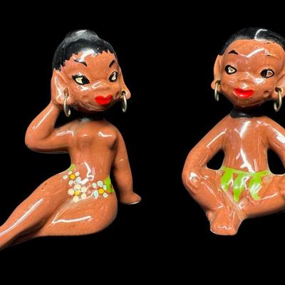 Sale Photo Thumbnail #449: One pair. Gilner was in business from 1948 to 1957. These are hand painted and glazed, with small brass earrings. Measurement: 3.25”H (each). Pre-auction estimate; $50-$100. [BK]