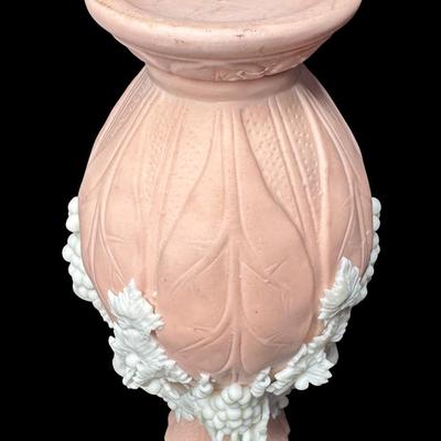 Sale Photo Thumbnail #464: Jasperware is a fine, unglazed stoneware known for its matte finish and high relief white accents. This piece is possibly Victorian, made by Bennington. There is one small chip on the crown, and some leaves are broken. Measurement: 7.5”H x 3.5”W. [BK]