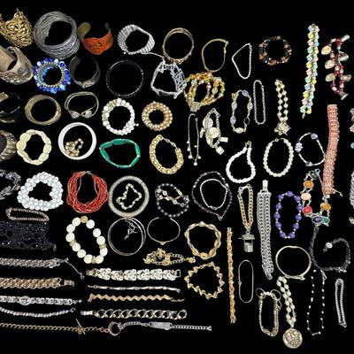 Sale Photo Thumbnail #467: Includes gold tone, silver tone, beads, stones, faux pearls, and more. Styles include cuff, bangle, chain, and others. Total of 40+ pieces. [BK]
