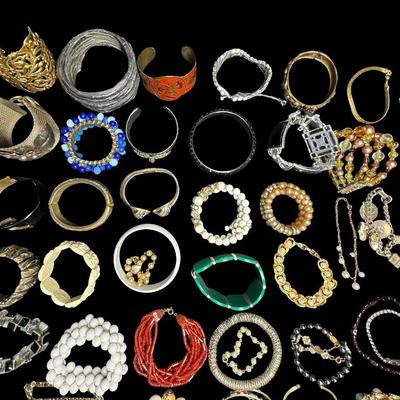 Sale Photo Thumbnail #470: Includes gold tone, silver tone, beads, stones, faux pearls, and more. Styles include cuff, bangle, chain, and others. Total of 40+ pieces. [BK]