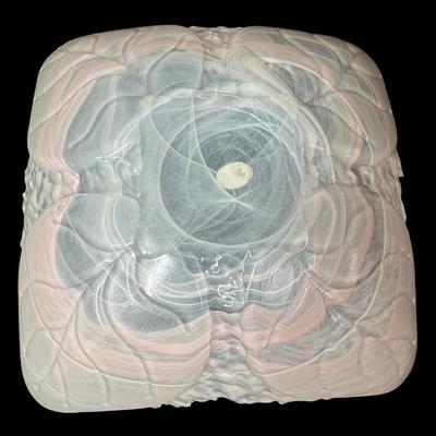 Sale Photo Thumbnail #488: Pink and white swirl. No obvious chips or cracks. Measurement: 14.5” x 14.5”. Pre-auction estimate: $50-$100. [BK]