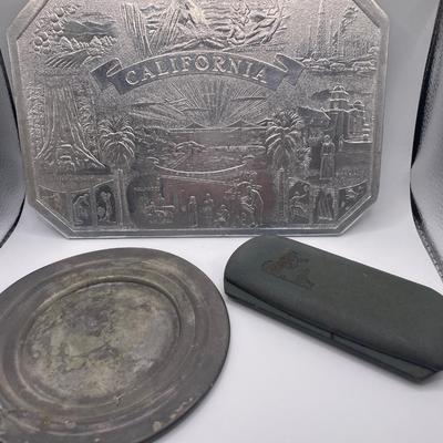 Vintage glasses case, pewter plate and California souvenir