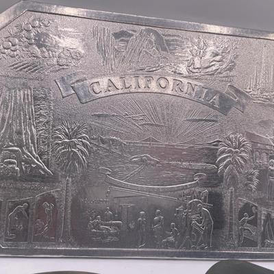 Vintage glasses case, pewter plate and California souvenir