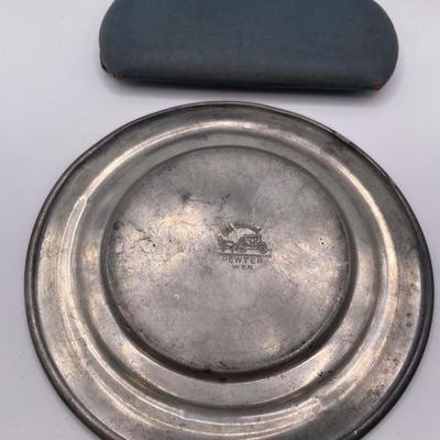 Vintage glasses case, pewter plate and California souvenir