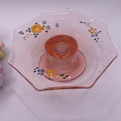 Hand painted pink glass and girl figurine